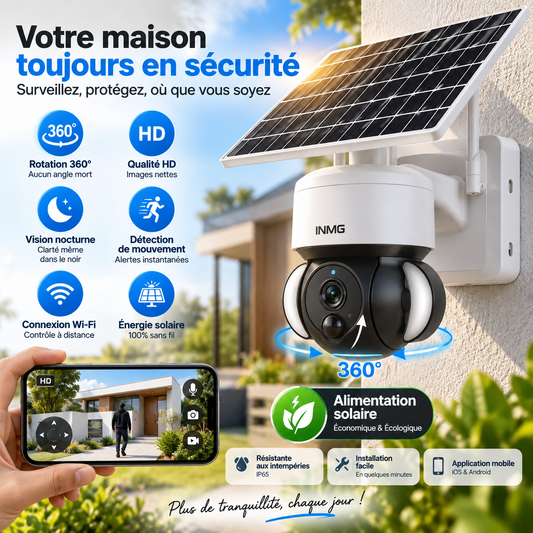 Caméra de Surveillance Solaire 360° Sans Fil – Wi-Fi & Vision Nocturne